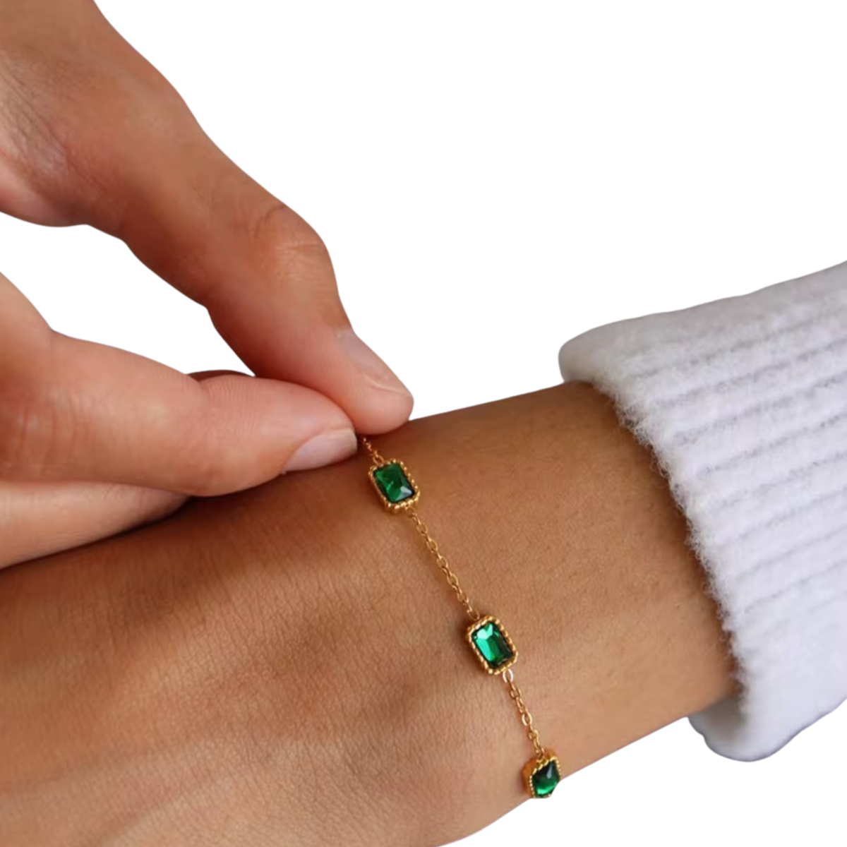 Emerald Muse Bracelet crafted from stainless steel with 18K gold plating and emerald-inspired crystals, designed for elegant everyday wear.