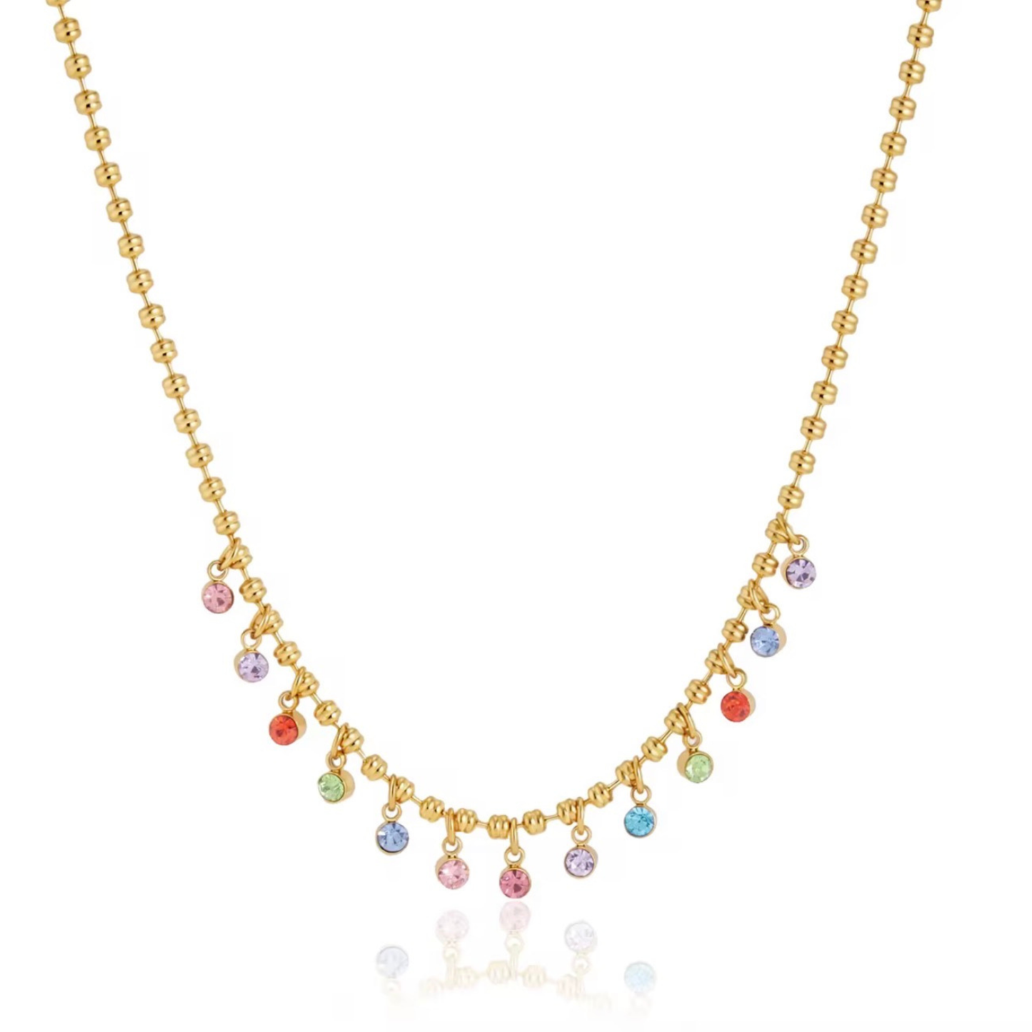 Confetti Charm Necklace crafted from stainless steel with 18K gold plating and colorful zirconia charms, designed for elegant everyday wear and layering.