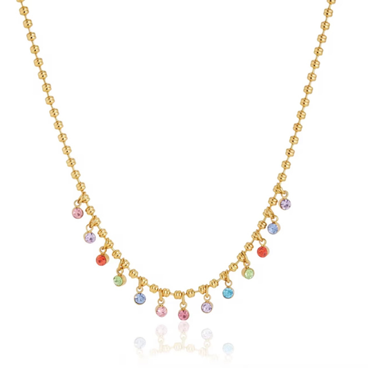 Confetti Charm Necklace crafted from stainless steel with 18K gold plating and colorful zirconia charms, designed for elegant everyday wear and layering.