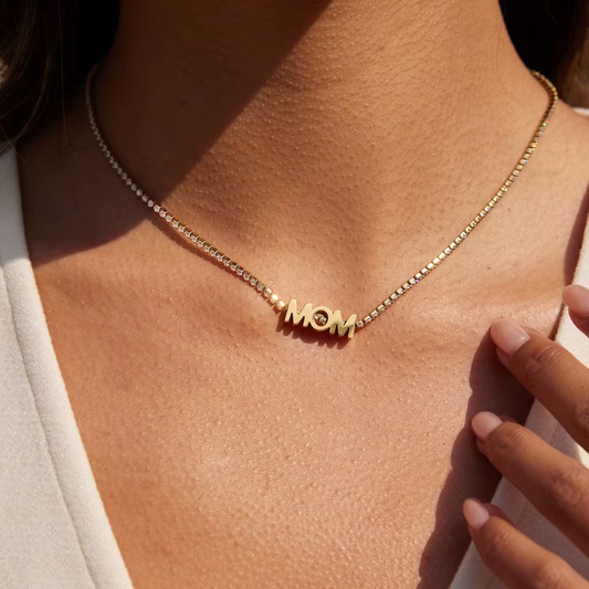 Elegant Mom Necklace crafted from 304 stainless steel with 18K gold plating and a delicate zircon accent, perfect as a meaningful gift for Mother's Day or everyday wear.